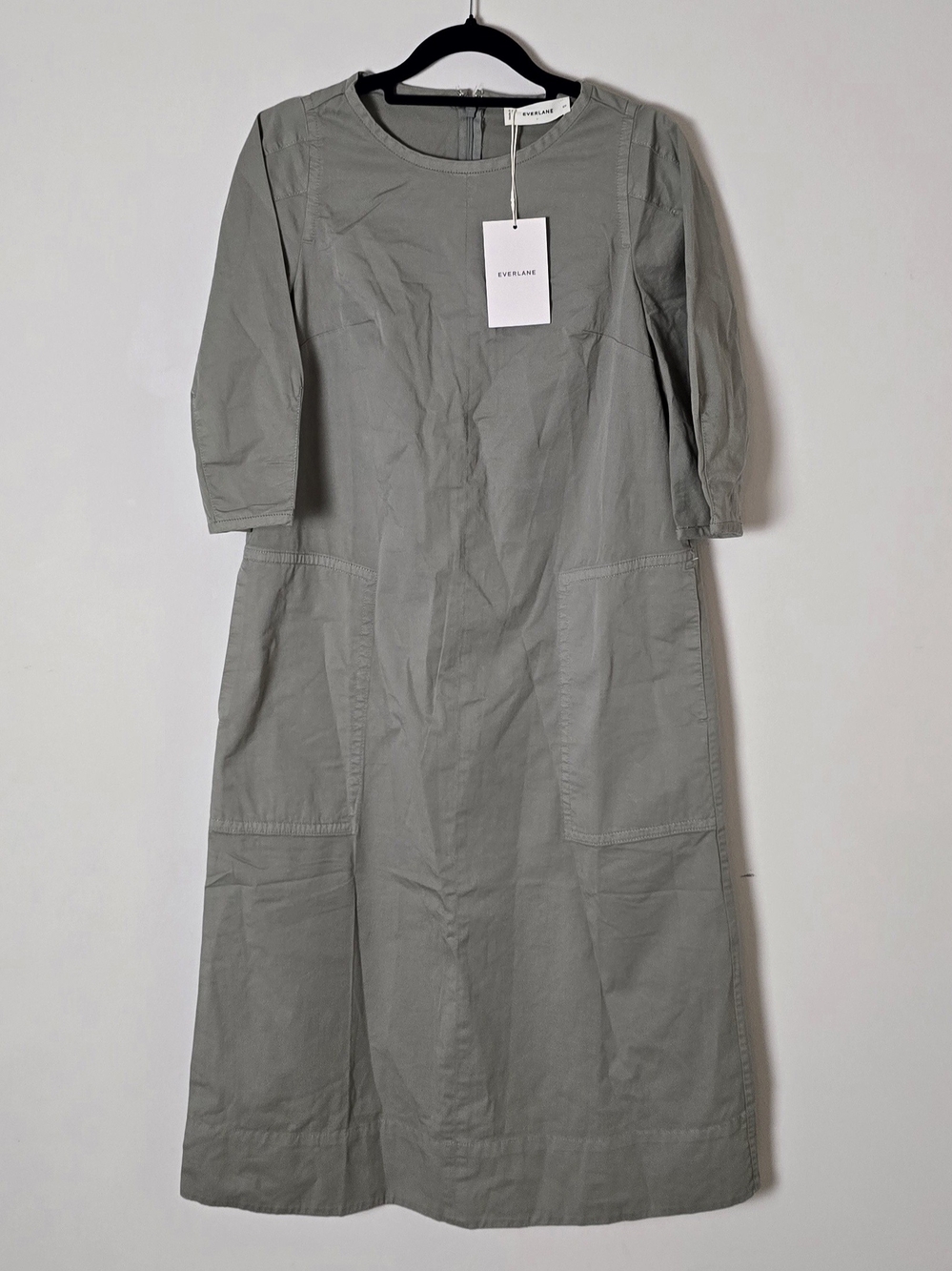 Everlane XS Green Organic Cotton/Elastane Shift Midi Dress Zip Pockets (NWT)